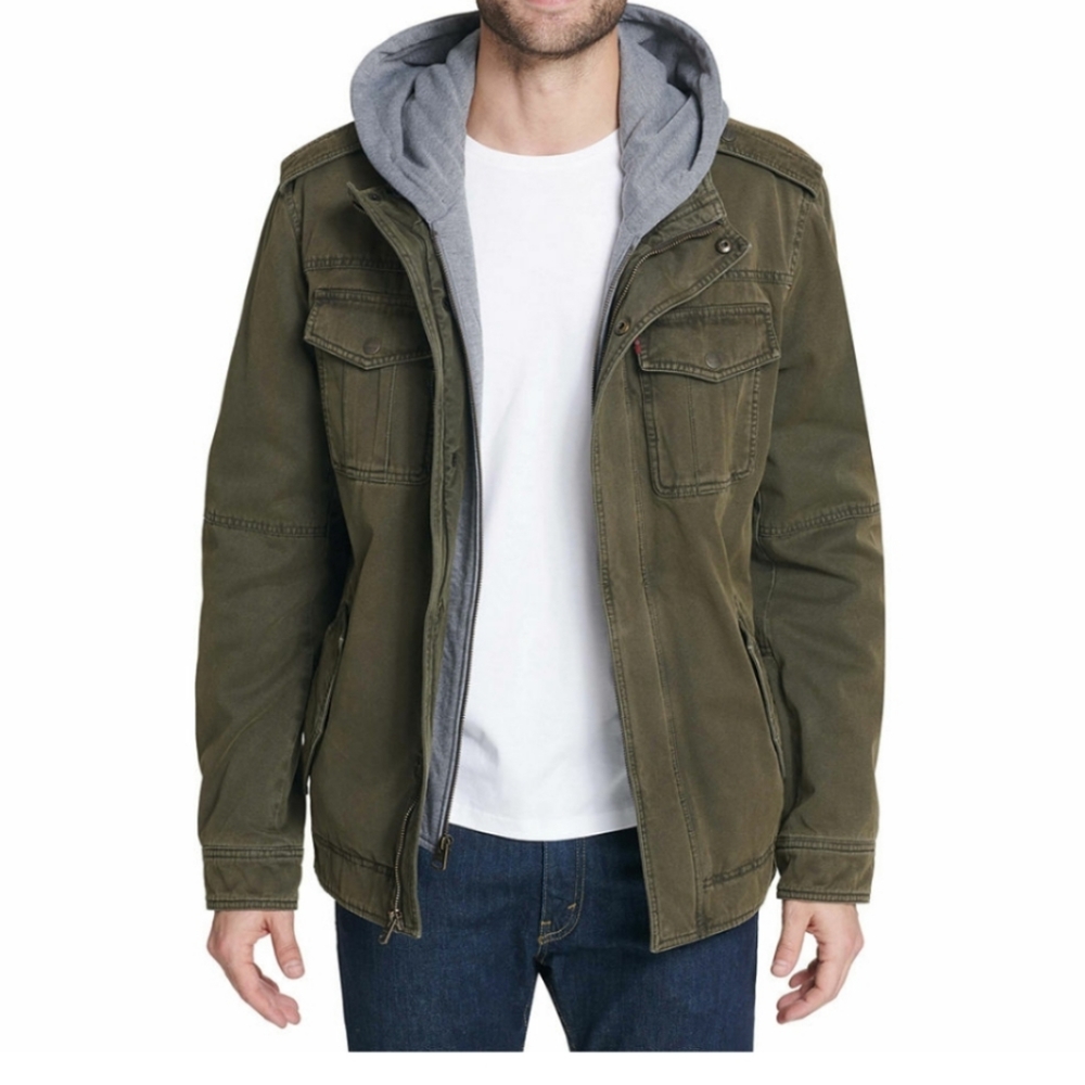 Levi's Olive Green Military Field Jacket with Gray Hood